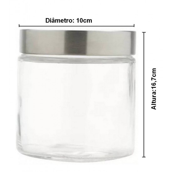 Pote 1,3L De Vidro Redondo Com Tampa Aço